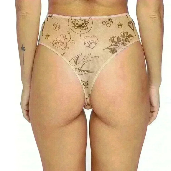High Waisted Thong Underwear Tattoo Print Mesh Alnair by Less Is Amor - Picture 2 of 3